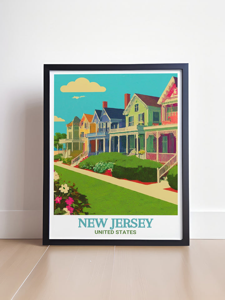 Cape May art print featuring the bustling boardwalk and historic Victorian houses. Perfect for home decor and as a unique gift. This print captures the charm of New Jerseys famous seaside town, blending nostalgic elements with modern attractions.