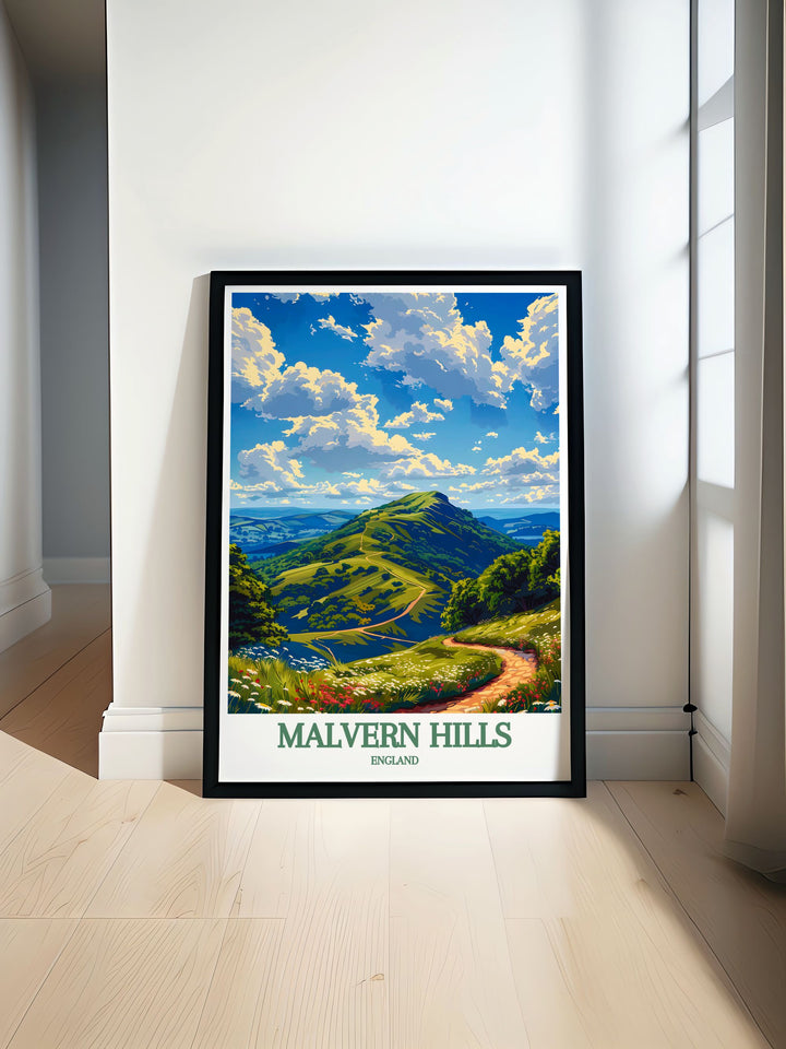 Discover the beauty of the Malvern Hills with this stunning Great Malvern Priory artwork featuring vintage travel prints from Worcestershire and the British countryside ideal for adding elegance and historical charm to your home decor with framed prints that capture the UKs natural beauty