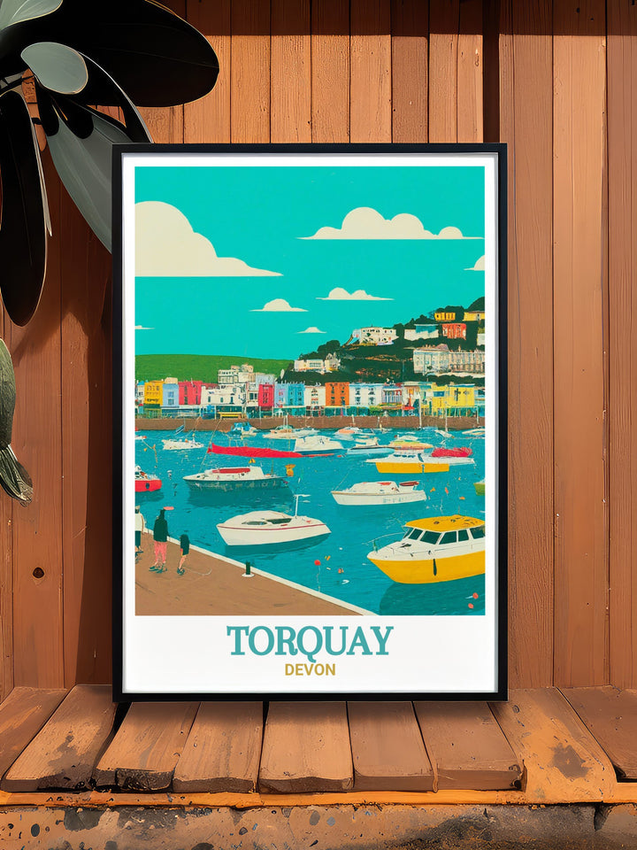 This Devon wall art print showcases the serene beauty of Torquay Harbour, capturing its charm with delicate hues and detailed design. Perfect for vintage travel lovers or anyone who has a special connection to the English Riviera.