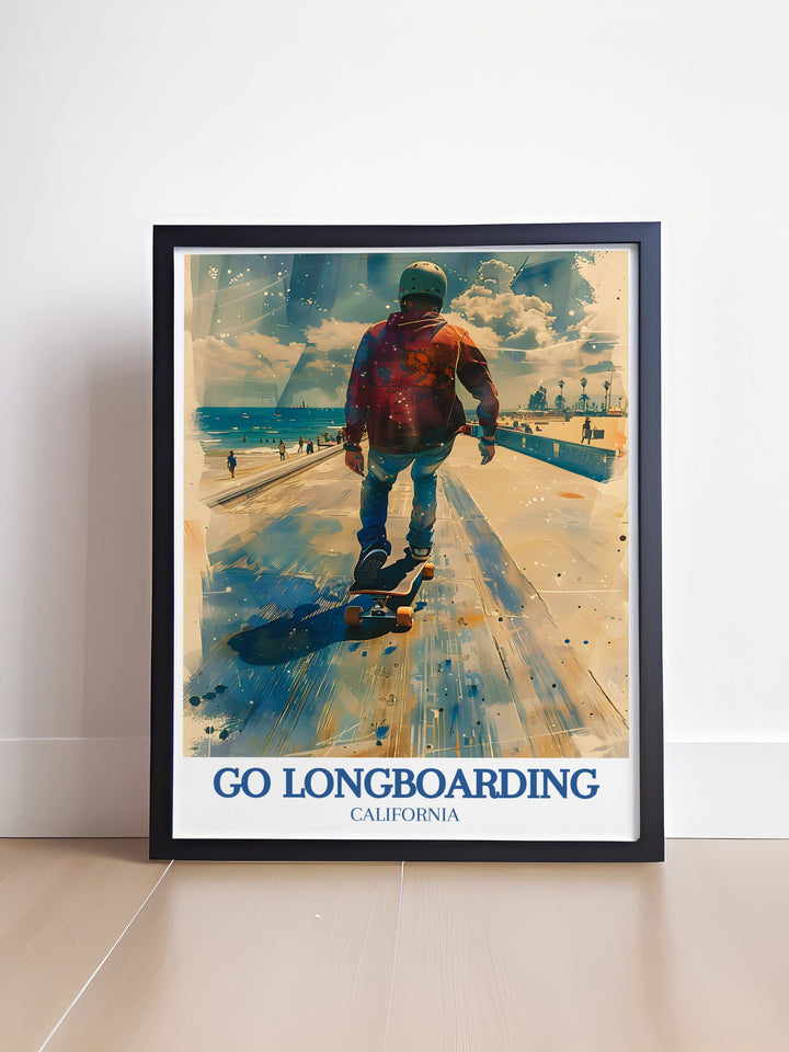 Gallery wall art depicting longboarders at Venice Beach, inviting you to experience the energy and excitement of Californias skate culture, perfect for enhancing your living space with the charm of outdoor adventures.