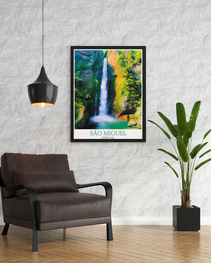 São Miguel Wall Art of Salto do Cabrito, showcasing its stunning waterfall, lush greenery, and serene environment. Ideal for adding a touch of Portuguese charm to your living space.