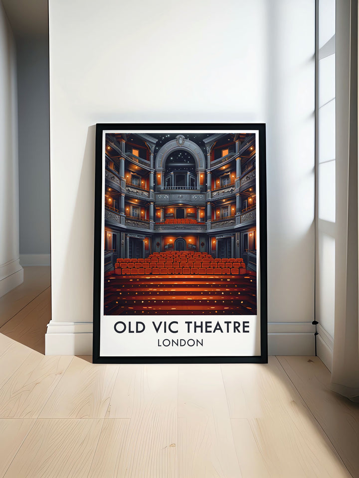 Celebrate Londons theatre scene with this stunning art deco travel poster of The Old Vics main auditorium. The detailed design and classic retro style make this print a perfect décor piece for theatre lovers and fans of Londons iconic National Theatre district.