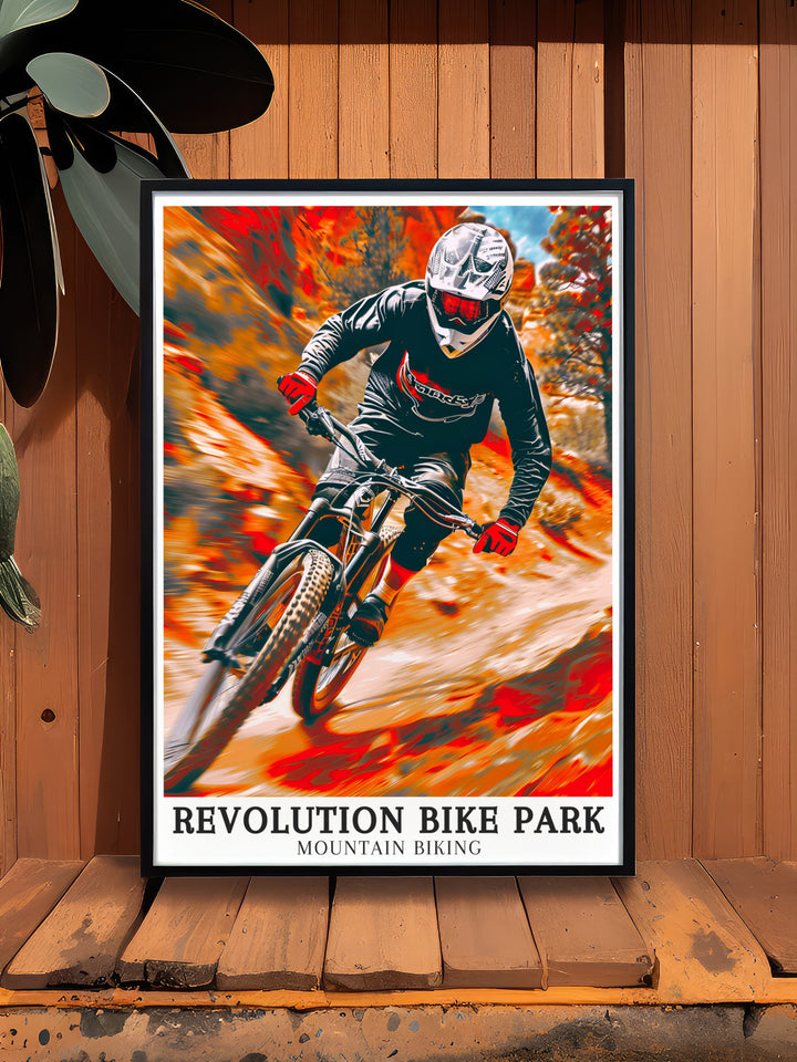 Mountain biking art at Revolution Bike Park in Wales. Capturing the thrill of the trails, these prints bring the excitement of Revolution Bike Park into your home. Perfect for cycling enthusiasts and decor lovers alike.