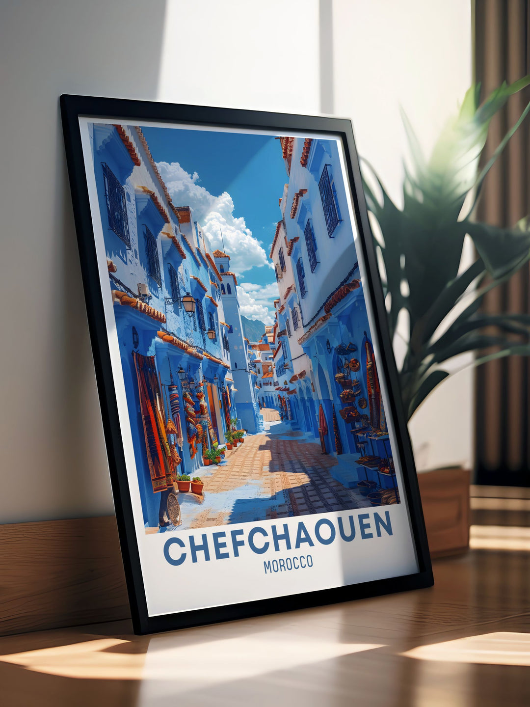 Showcasing the enchanting blue alleyways of Chefchaouen, this poster adds a unique touch of Moroccos cultural heritage to your decor. Experience the tranquil beauty of Chefchaouen with this art print, highlighting the towns iconic blue buildings and rich history.