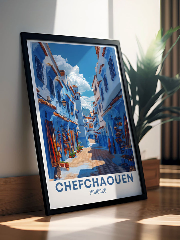 Showcasing the enchanting blue alleyways of Chefchaouen, this poster adds a unique touch of Moroccos cultural heritage to your decor. Experience the tranquil beauty of Chefchaouen with this art print, highlighting the towns iconic blue buildings and rich history.