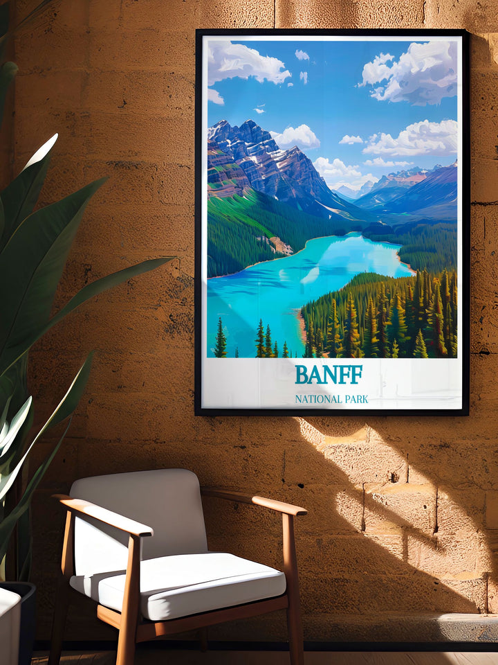Peyto Lake canvas art presenting a stunning view of the lakes deep blue waters, designed to create a peaceful and contemplative atmosphere in any setting, perfect for those who appreciate serene and picturesque natural environments.