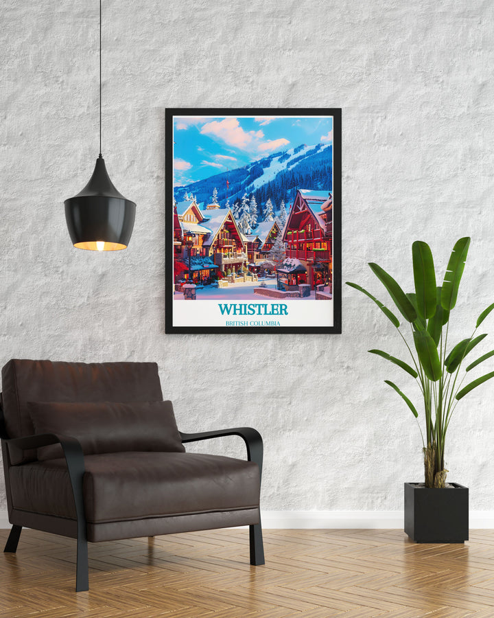 Elegant gallery wall art of Whistler Village, capturing the scenic streets and bustling atmosphere. This artwork adds a touch of sophistication and natural beauty to your home, celebrating one of Canadas premier travel destinations.