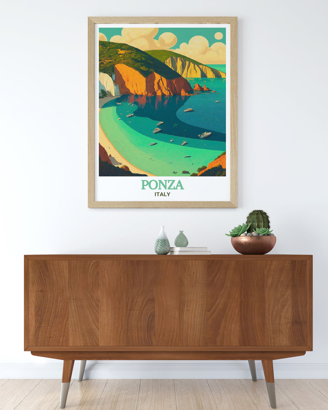 Ponzas Chiaia di Luna is a hidden gem on Italys coast, known for its crescent shaped beach and stunning views. This print beautifully captures the natural charm of the area, from the golden sands to the clear blue sea. Add a touch of Italian elegance to your decor with this captivating piece of art.