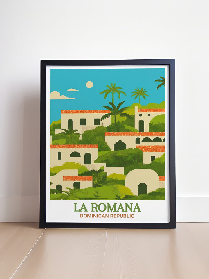 The lush landscapes and historic architecture of La Romanas Altos de Chavón are perfectly captured in this travel print. The artwork brings a touch of the Caribbeans timeless beauty into your home, adding warmth and character to your decor.