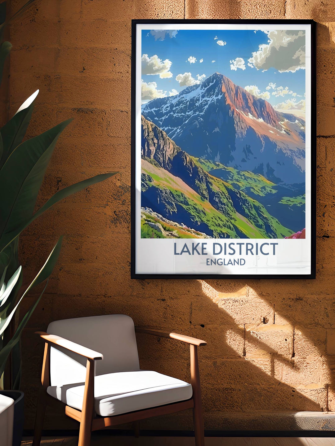 Charming Scafell Peak poster highlighting the dramatic and picturesque beauty of the Lake District. This artwork is perfect for those who cherish the scenic landscapes of North West England and want to bring a piece of it into their home.