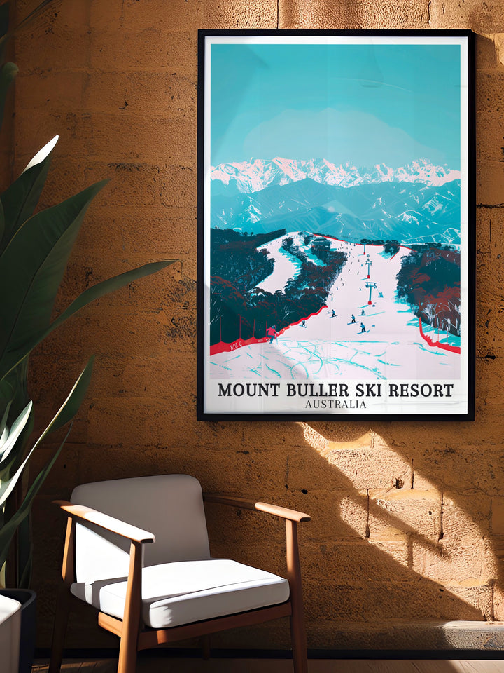 Victorian Ski Fields Vintage Poster combining classic design with detailed illustrations of Australias most famous ski regions. The poster highlights the nostalgic charm of the Victorian Alps, making it a timeless piece for vintage art lovers and those who appreciate the beauty of alpine landscapes. A perfect addition to any winter themed decor.