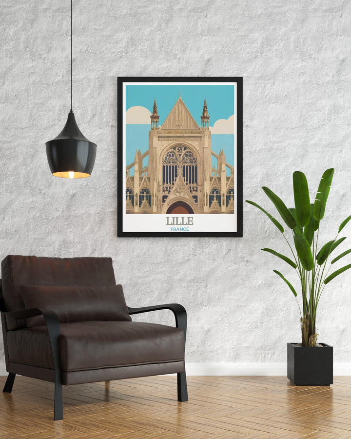 This travel print of Saint Maurice Church in Lille captures the intricate Gothic design of one of Frances most iconic religious landmarks. Perfect for adding a sophisticated touch to your space, this artwork celebrates French architecture and culture in vivid detail.