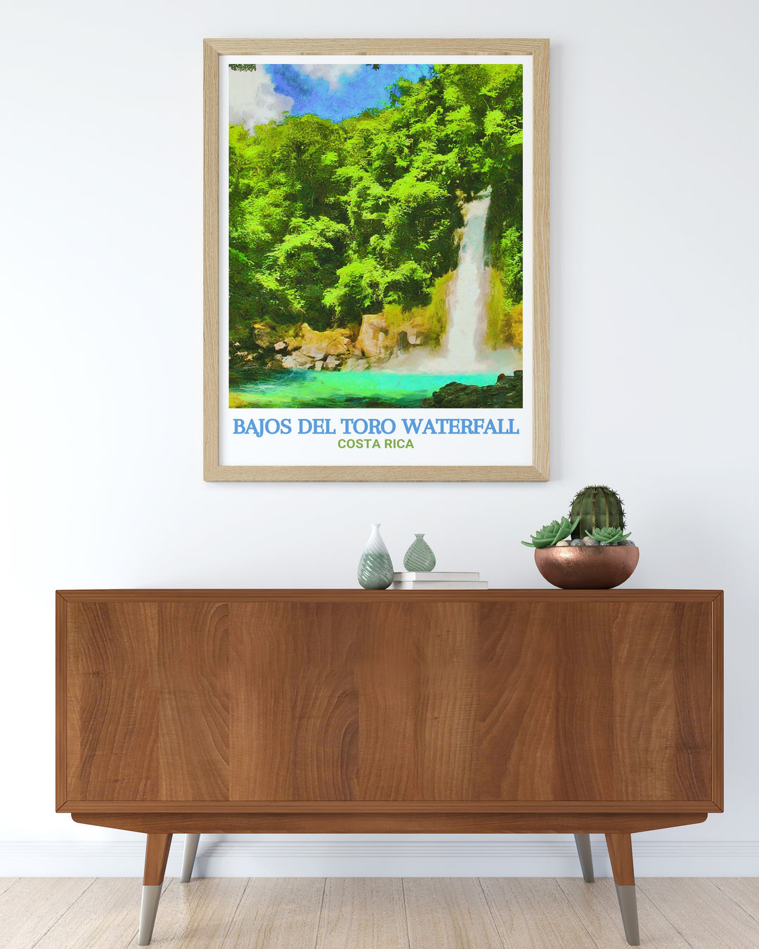 This Bajos del Toro art print is a perfect representation of Costa Ricas stunning landscapes. The waterfalls powerful flow and the surrounding lush vegetation are beautifully depicted, making it an ideal piece of décor for nature enthusiasts.