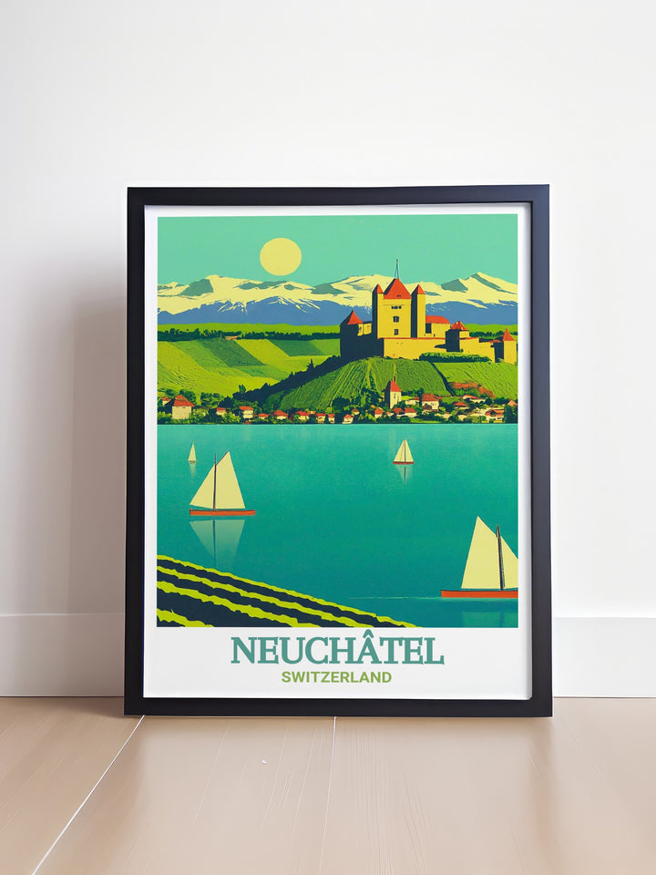 Enhance your living space with Lake Neuchatel wall art. This stunning France travel print offers elegant home decor with a touch of French charm. Perfect for creating a serene atmosphere in your bedroom, living room, or office space.