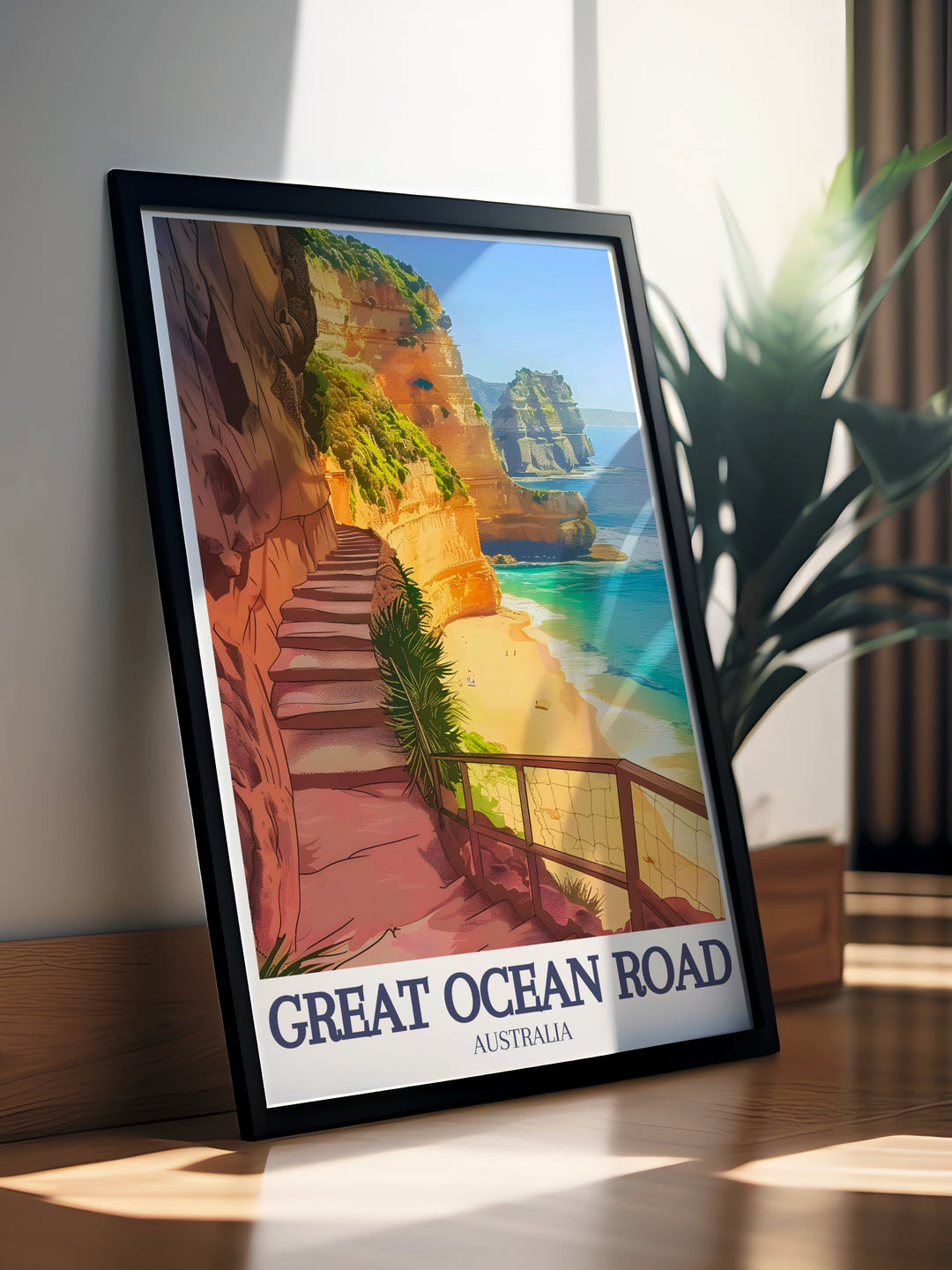 Experience the scenic beauty of the Great Ocean Road with this stunning poster print. Featuring landmarks like the Gibson Steps and Twelve Apostles, this travel print brings the coastal magic of Australia into your home. Ideal for nature lovers and as a unique gift.