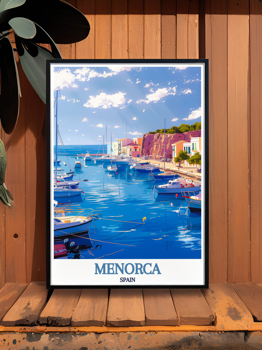 Mahon Harbor modern decor print illustrating the lively and picturesque harbor of Menorca with its clear waters and vibrant colors ideal for Spain travel prints and creating a sophisticated atmosphere in your home with its stunning details.