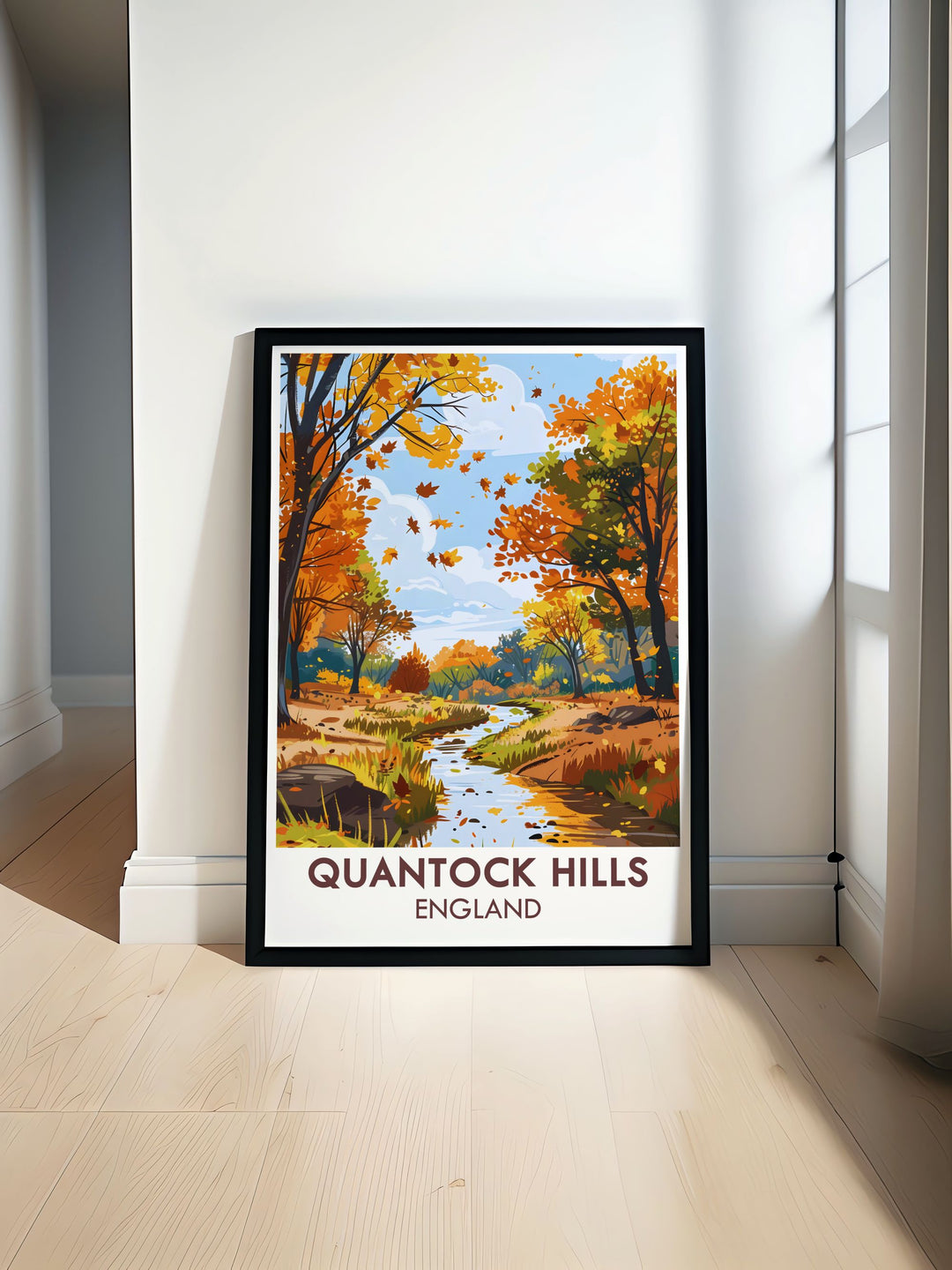 Holford Combe vintage travel print showcasing the serene beauty of Quantock Hills AONB and Somerset AONB perfect for home decor and travel enthusiasts who appreciate Somerset Travel Art and the picturesque views of Vale Taunton Deane and Quantock Heath.