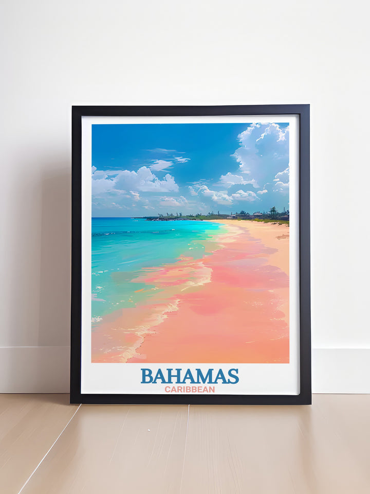 Pink Sands Beach Travel Poster offers a vintage inspired depiction of the Bahamas most picturesque beach. This canvas print is perfect for those who appreciate both classic design and modern flair, making it a great addition to any wall or a memorable gift.