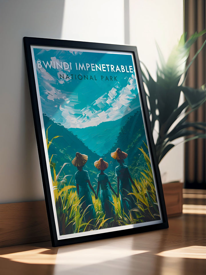 This vibrant travel poster highlights the scenic beauty and dense vegetation of Bwindi Impenetrable National Park, perfect for bringing the essence of Ugandas natural wonders into your home.
