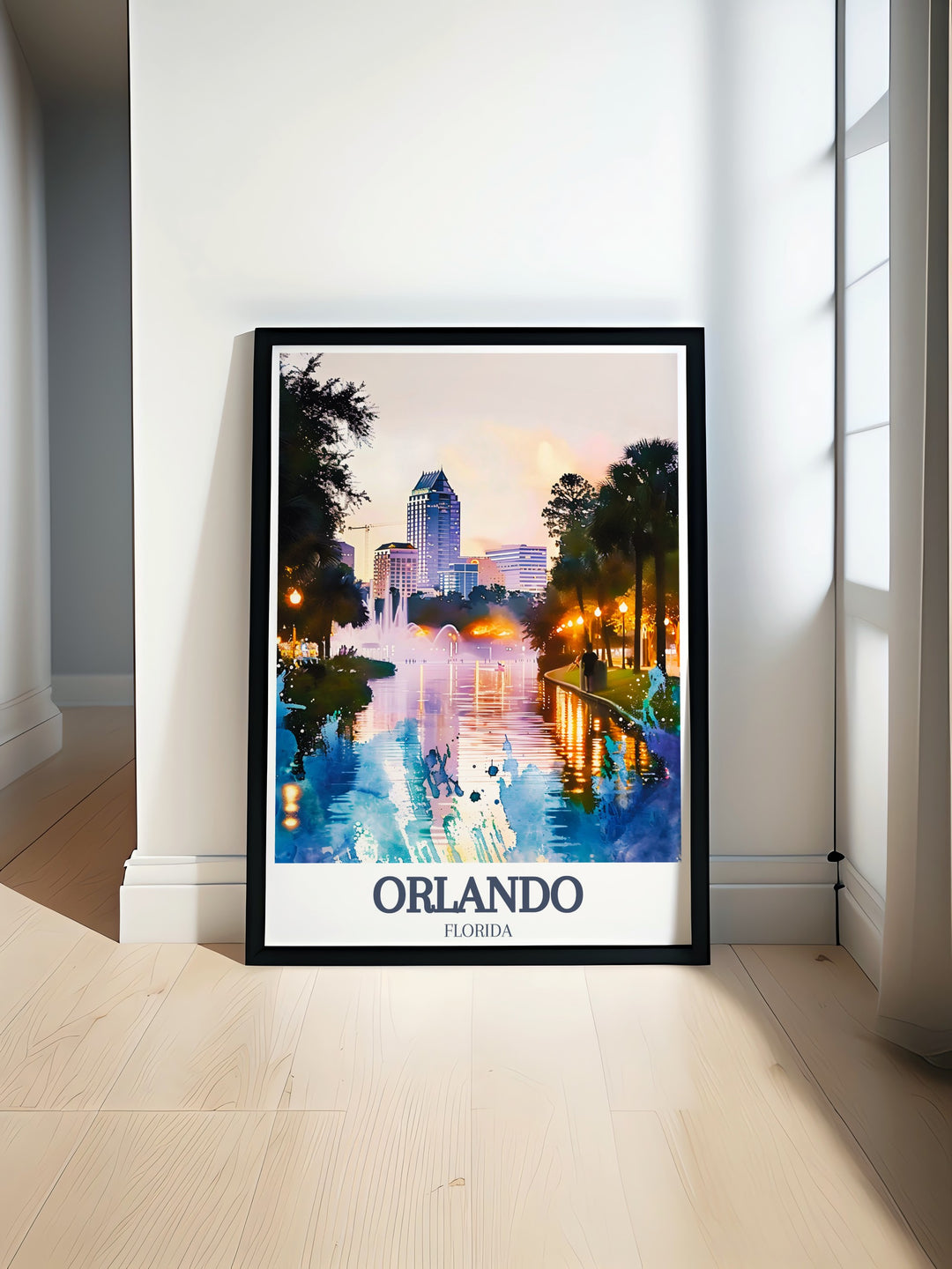 Thornton Park vintage poster celebrating the unique culture and artistic flair of one of Orlandos most vibrant districts. Combined with the peaceful scenes of Lake Eola Park, this travel print offers a nostalgic yet modern take on Orlandos iconic landmarks. Ideal for home décor or gifts.