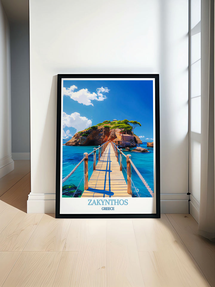 Greece Island Print showcasing the serene beauty of Zakynthos with its charming towns and stunning landscapes complemented by the tranquil Cameo Island, perfect for home decor inspired by Greece.