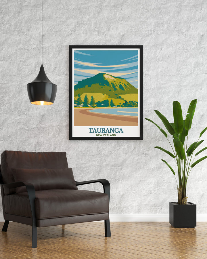 Beautiful New Zealand travel poster of Mount Maunganui ideal for adding vibrant colors and intricate details to your home decor showcasing Taurangas natural splendor