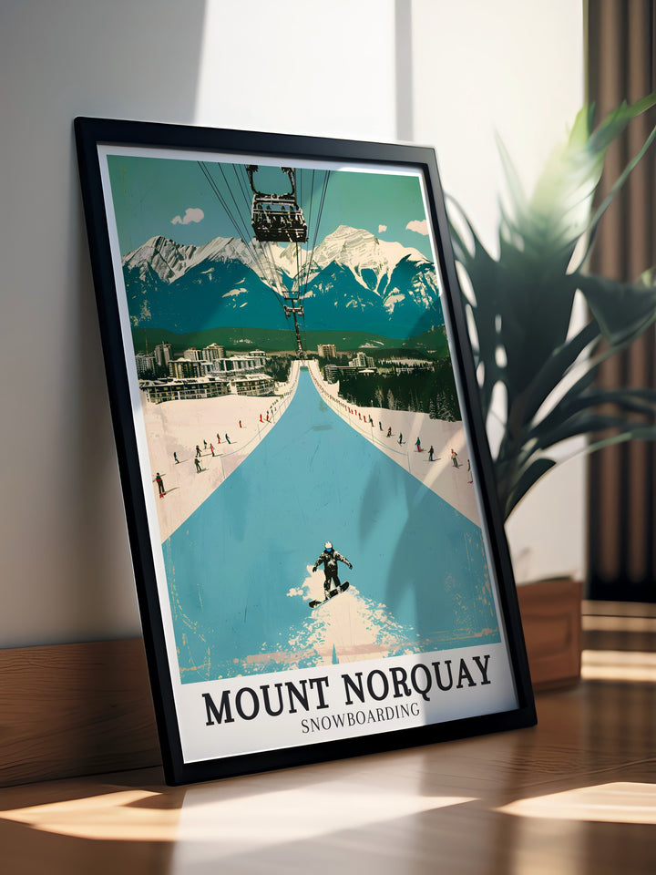 Mount Norquay Snowboarding Art Print offering a dynamic portrayal of the snowboarding scene at Mount Norquay, surrounded by the pristine wilderness of Banff National Park. Perfect for adding a touch of adventure and mountain spirit to your decor.