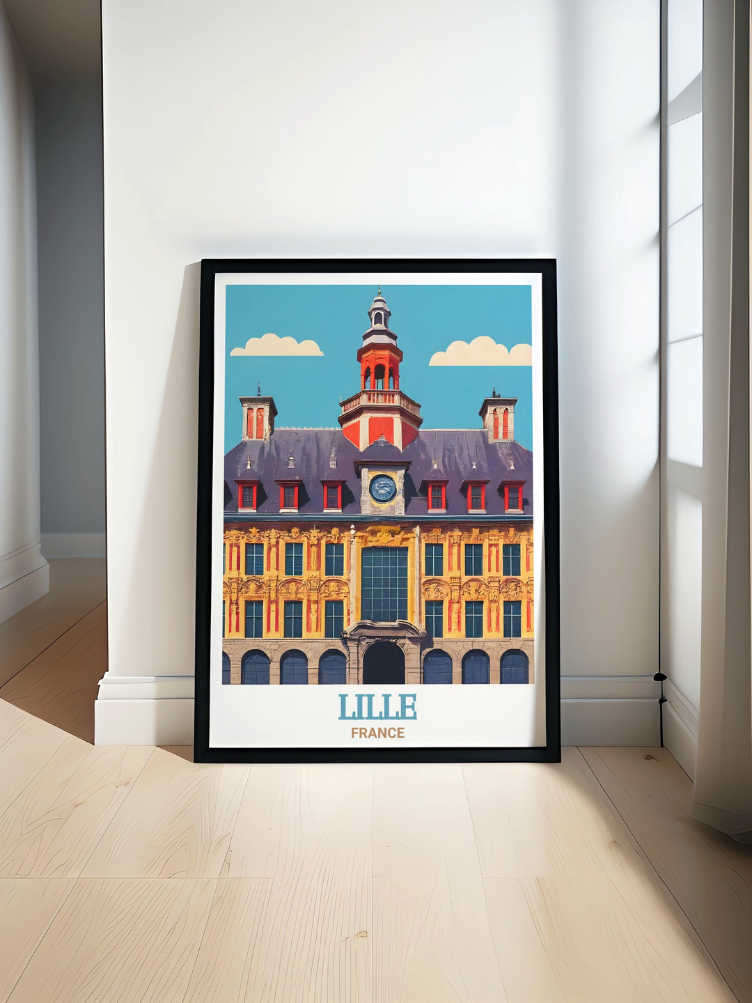 This Lille poster print focuses on the intricate beauty of the Old Stock Exchange, one of the citys most beloved landmarks. The artwork captures the essence of French architectural heritage, perfect for those looking to bring a piece of France into their home decor.