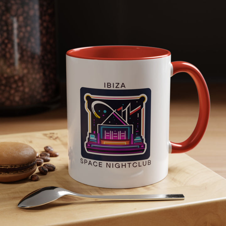 Enjoy your favorite beverage in this Space Nightclub Ibiza mug featuring artistic depictions of the islands vibrant nightlife. Durable and dishwasher-safe, perfect for coffee or tea lovers seeking a touch of Ibiza elegance. A meaningful gift for travelers and music enthusiasts.