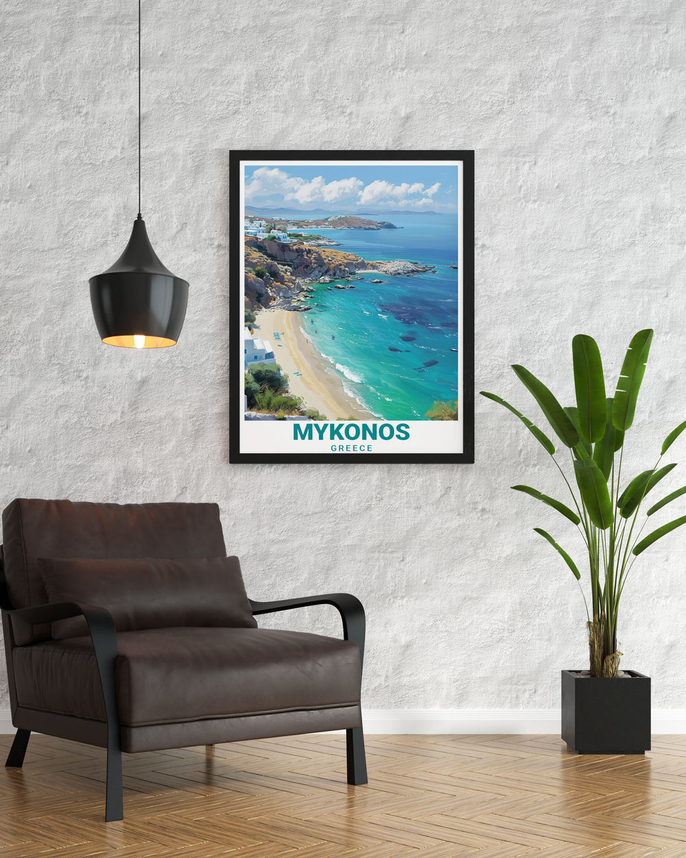 Explore Elia Beach with our Mykonos wall art featuring the iconic architecture and serene beaches of Greece a perfect addition to any living room or bedroom