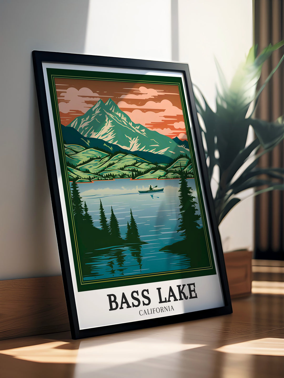 Bring the calm waters of Bass Lake California into your living room with this beautifully crafted travel poster showcasing Sierra National Forest Madera County a perfect addition for anyone who appreciates USA travel destinations and the beauty of Yosemite.