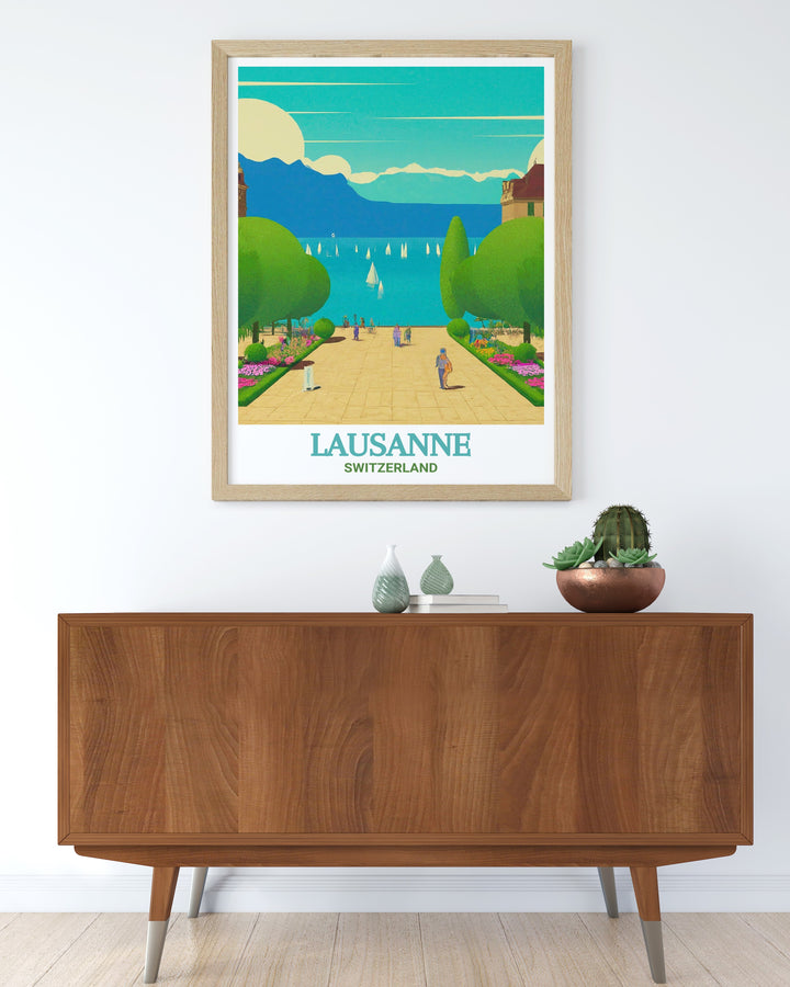 This canvas art of Lausannes Ouchy Promenade provides a detailed and serene view of Switzerlands most beloved waterfront, making it an ideal addition to any Swiss themed decor.