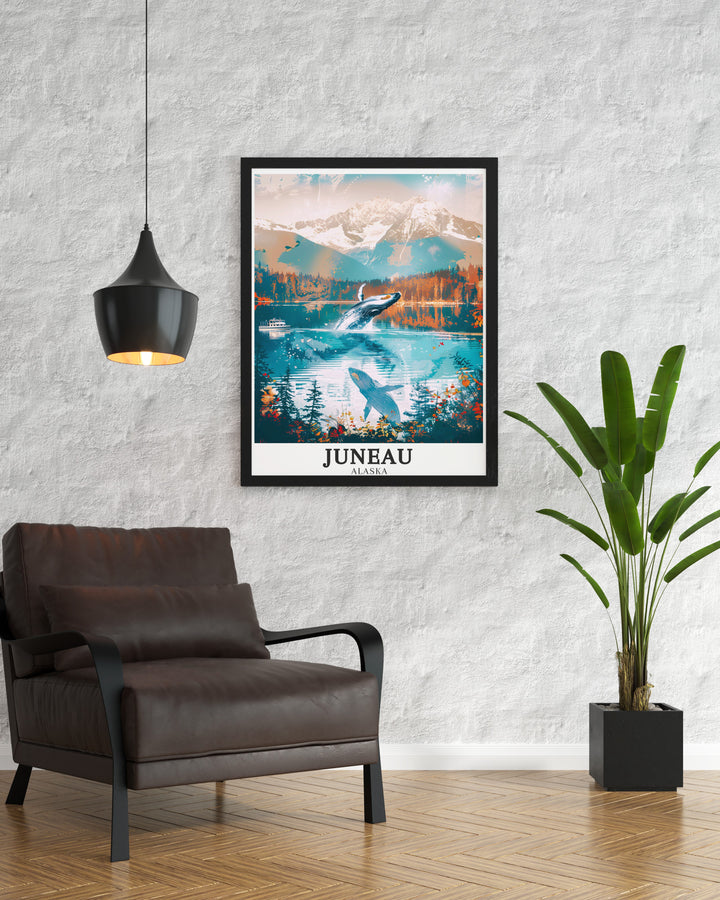 Juneau travel poster bringing the beauty of Auke Bay and the Chilkat Mountains into focus. This piece captures the serene yet powerful landscapes of Alaska, perfect for anyone looking to reflect their love for the outdoors in their home décor.