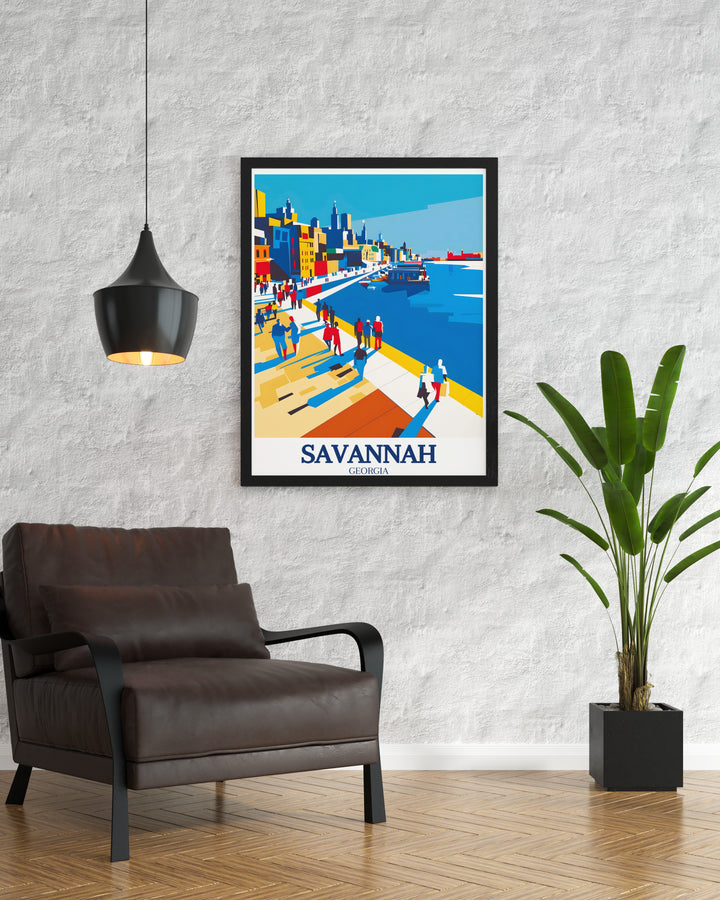 Beautiful wall decor of Savannah Historic District River Street a perfect addition to any room highlighting the natural beauty and architectural splendor of Savannahs historic landmarks and lush green spaces