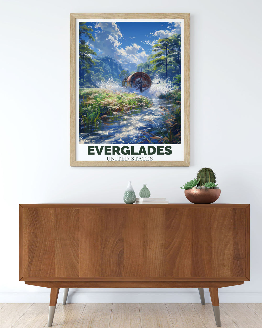 National Park Print featuring the serene landscapes of the Everglades. This artwork brings the beauty of Floridas National Park into your home. Ideal for wall art and travel enthusiasts. Highlighting the thrilling Airboat ride through the 10K islands experience.