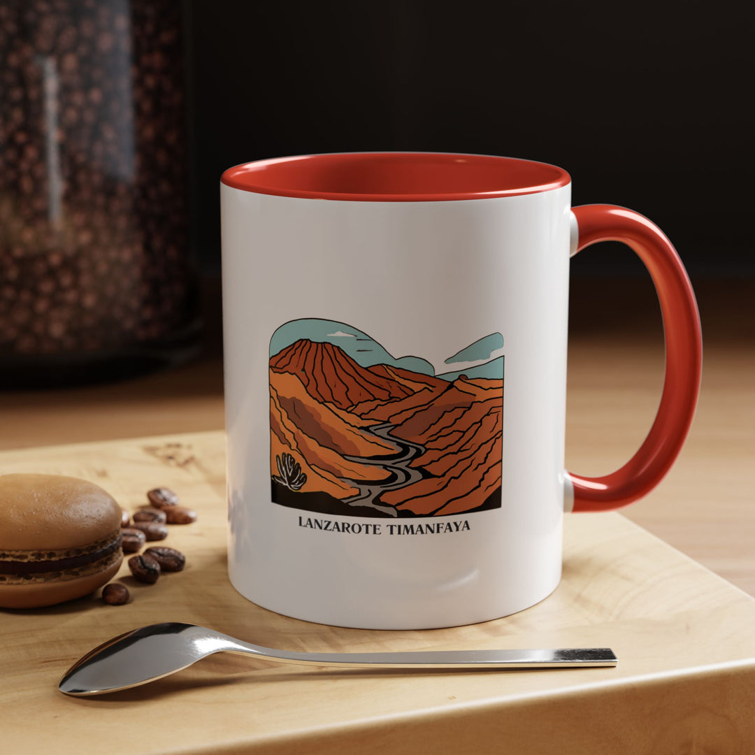 A stunning Lanzarote Timanfaya National Park mug showcasing the unique volcanic landscapes of the island. Perfect for enjoying your favorite beverages, it features vibrant artwork and is both microwave and dishwasher safe, offering practicality and beauty in one.