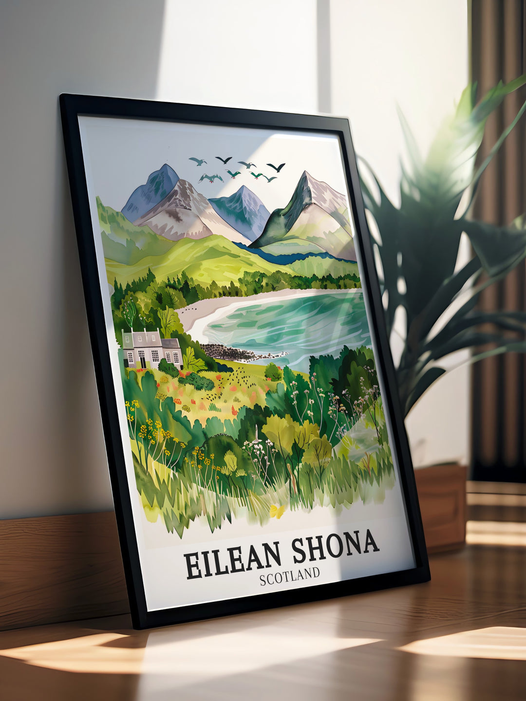 Eilean Shona House Travel Art. Featuring detailed illustrations of Eilean Shona House and the wider Eilean Shona area, this travel art collection brings the serene beauty of Scotland into your home. Ideal for enhancing your living space.