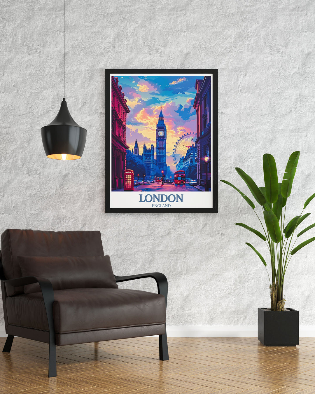 Stunning print of Big Ben and London Eye highlighting the beauty and charm of Londons landmarks. This modern art piece adds a touch of sophistication and class to any room with its captivating depiction of Londons architectural marvels