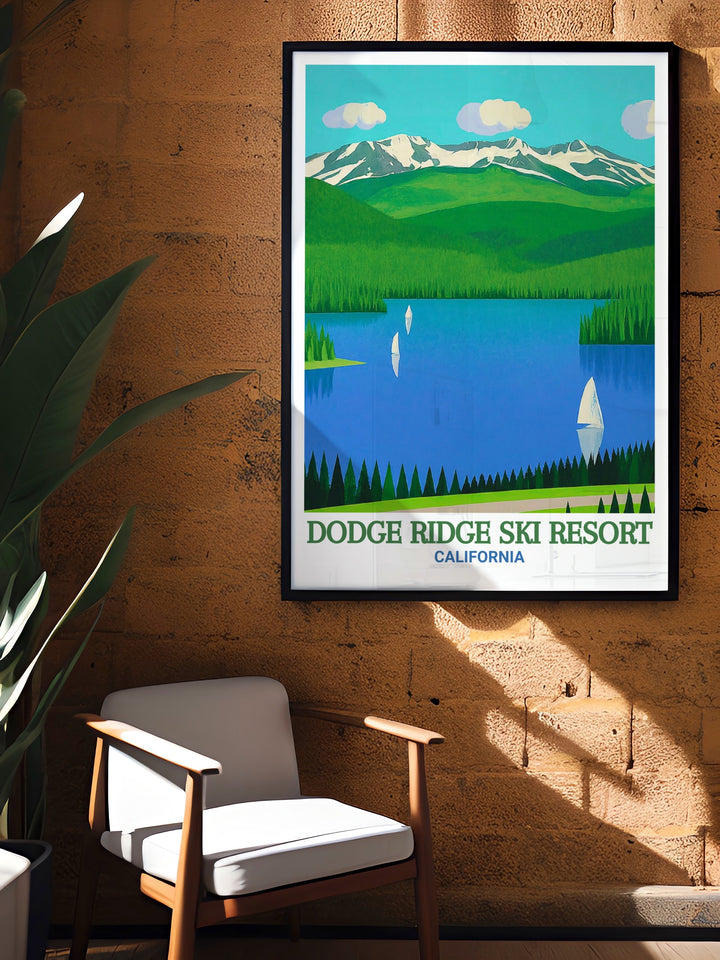 Scenic poster of Dodge Ridge Ski Resort and Pinecrest Lake featuring a stunning winter landscape, ideal for adding a touch of adventure and natural beauty to your home decor. This print celebrates the allure of one of Californias premier ski resorts.