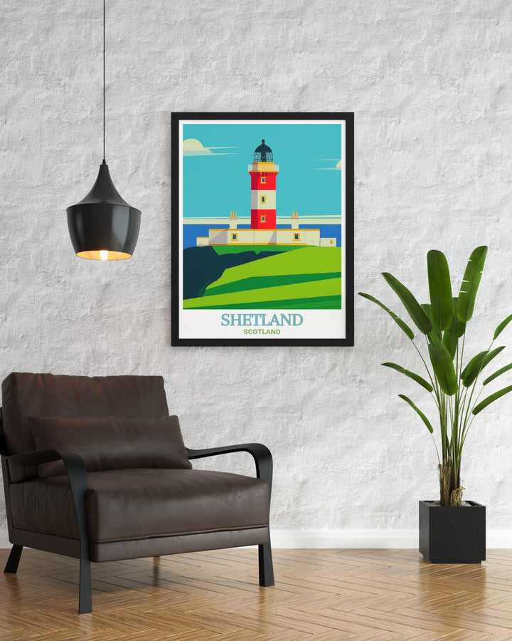 A Travel Poster of Sumburgh Head Lighthouse, bringing the wild beauty of Shetland into your space. The detailed artwork showcases the lighthouse surrounded by cliffs and the sea, making it a compelling piece for lovers of Scotlands coastal heritage and maritime history.