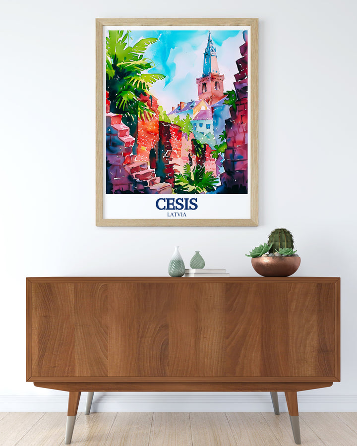 Decorative wall print of Cēsis, Latvia, focusing on the timeless ruins of Cēsis Castle and the elegant St. Johns Church. This artwork captures the serene and historic atmosphere of the town, making it a beautiful addition to any collection of travel inspired decor.