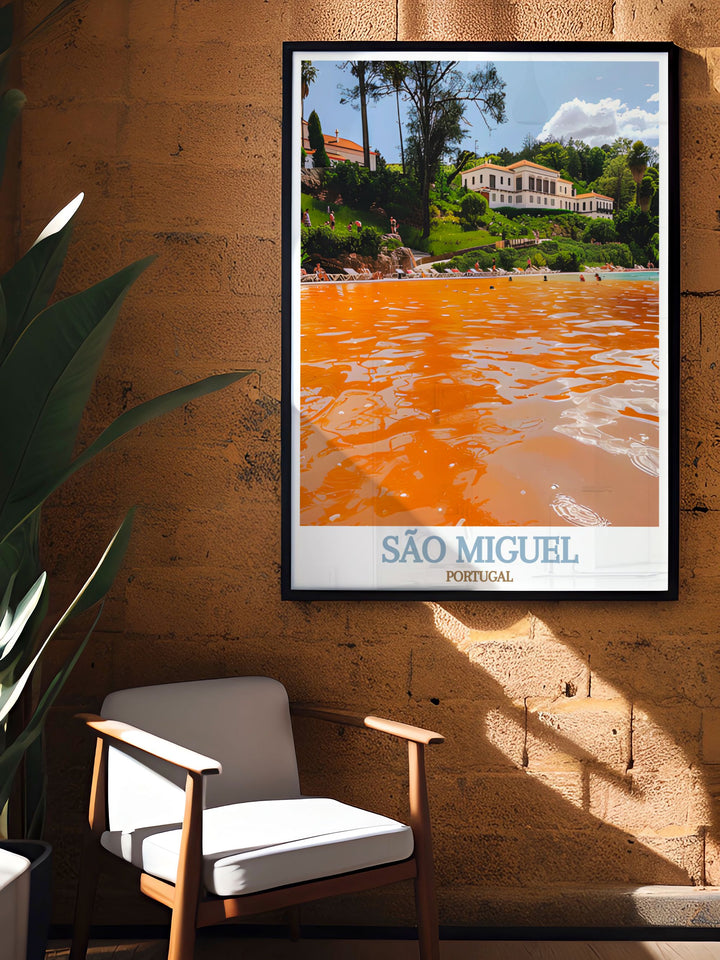 A vibrant travel poster featuring São Miguels Terra Nostra Park, ideal for those who appreciate the unique combination of natural beauty and cultural heritage in their home decor.