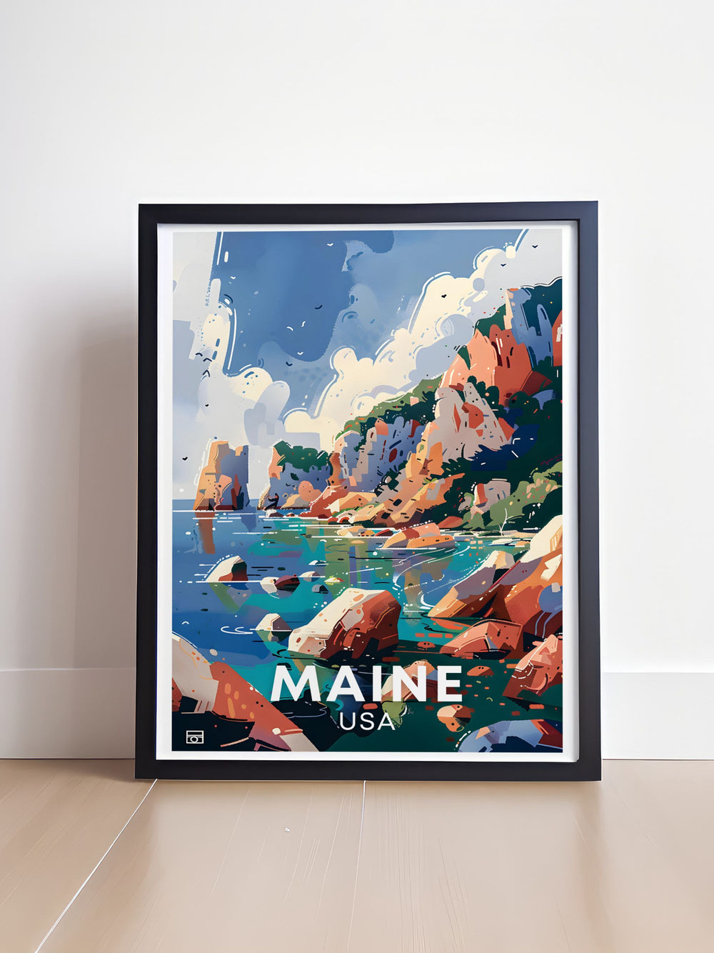 Acadia National Park, located on Mount Desert Island, is highlighted in this poster. Its iconic features such as Cadillac Mountain and Thunder Hole are beautifully captured, making it a perfect piece for those who enjoy scenic landscapes.