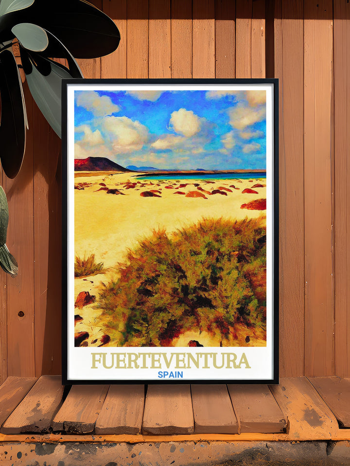 Featuring the golden dunes and coastline of Corralejo Natural Park, this Fuerteventura poster brings the essence of the Canary Islands into your home. Perfect for wall decor, it adds a sense of wanderlust and natural beauty to any space.