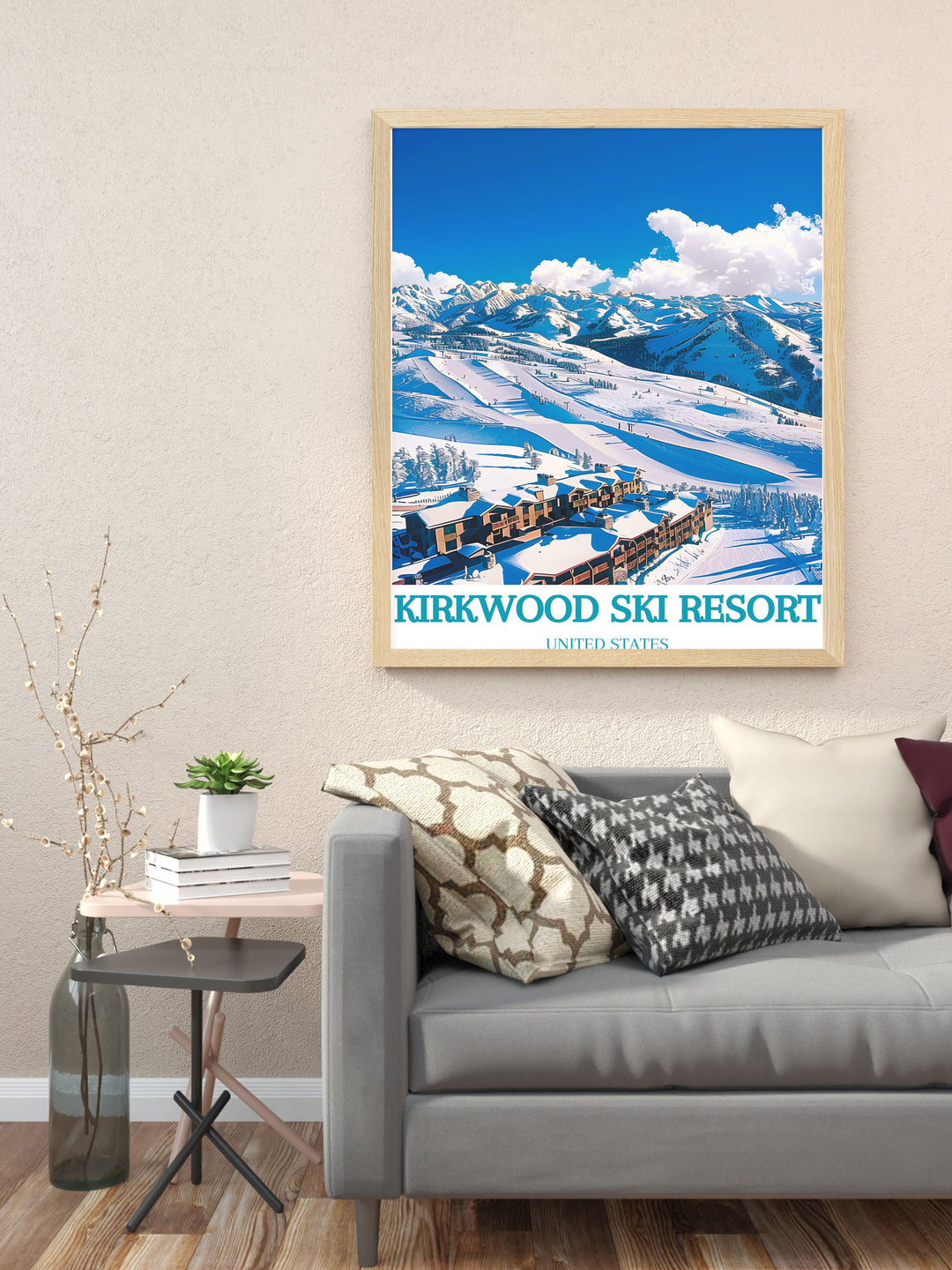 Exquisite framed artwork of Kirkwood Mountain Resort showcasing the resorts snowy slopes and majestic mountain scenery. This artwork perfectly captures the essence of winter at the resort and adds a sophisticated touch to your home decor.