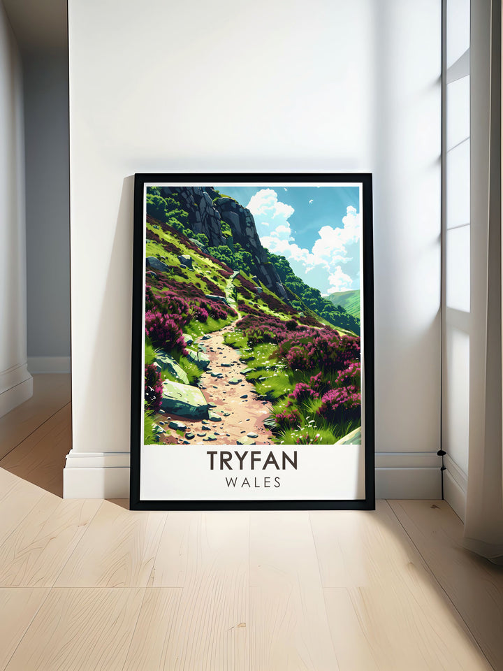 Snowdonia poster featuring the breathtaking scenery of Snowdonia Wales with Mount Snowdon and Heather Terrace perfect for national park enthusiasts and travel lovers