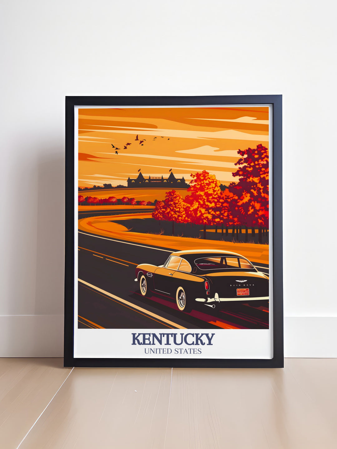 This Kentucky travel print offers a stunning view of Churchill Downs, home of the Kentucky Derby, alongside the scenic bourbon distilleries in Bourbon Country. Perfect for those who love Kentuckys traditions and culture.