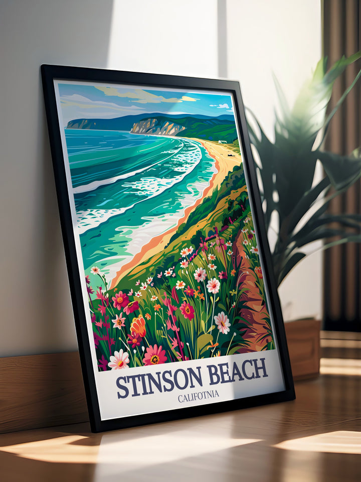 The travel print of Bolinas Point offers a stunning view of Californias rugged coastline, with dramatic cliffs and serene beaches along the Pacific Ocean. This artwork is a wonderful representation of the natural beauty found along the California coast, ideal for any ocean art lover.