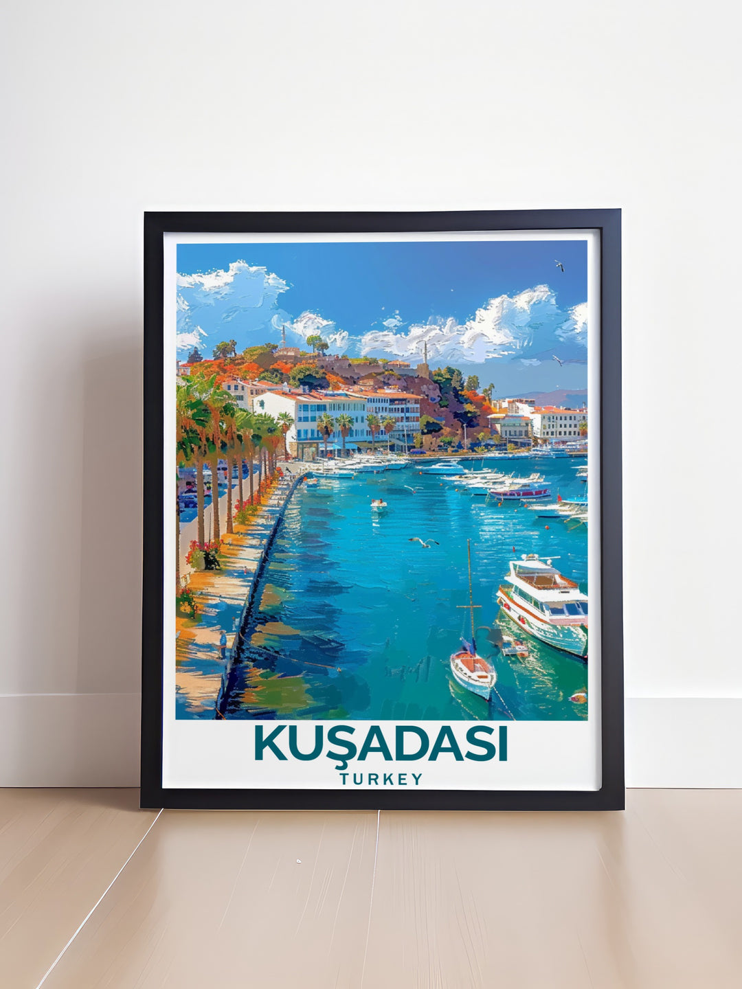 Experience the beauty of Turkey with this Kuşadası Marina travel art. This stunning Turkey poster brings a calming coastal vibe into any space. Perfect for those who love Turkey art or are looking for a meaningful travel gift for family and friends.