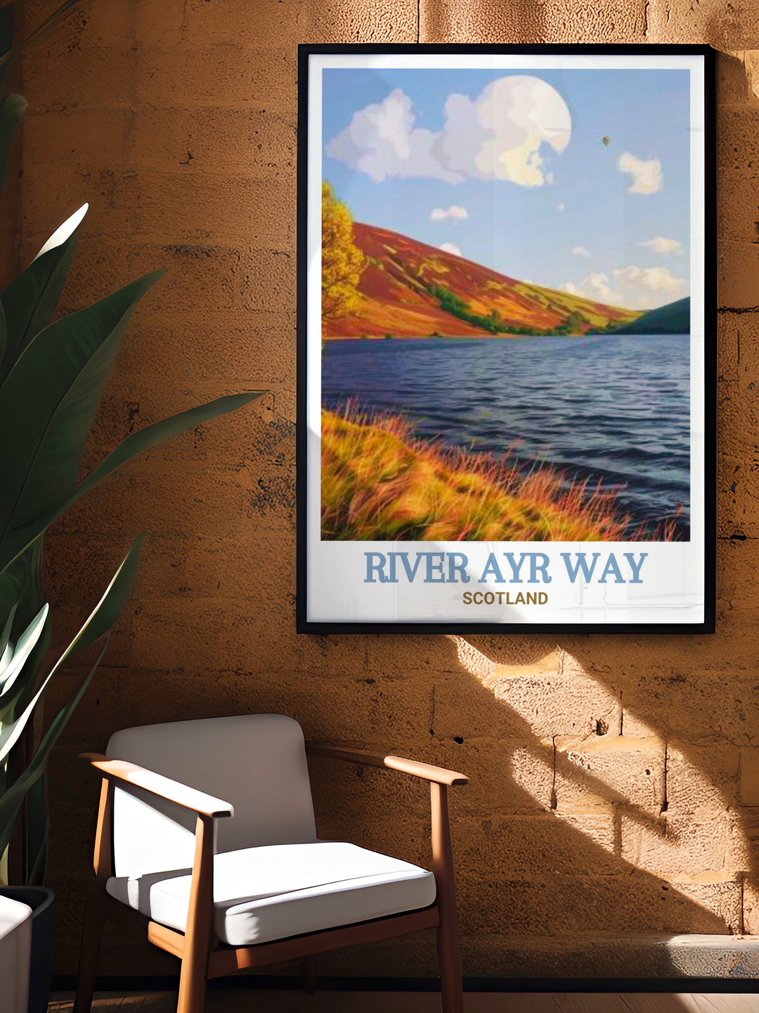 River Ayr Way travel poster showcasing the serene beauty of River Ayr Way and the tranquil Glenbuck Loch. This artwork captures the essence of these iconic landmarks, perfect for home decor or as a gift for nature lovers. A timeless piece celebrating Scotland.